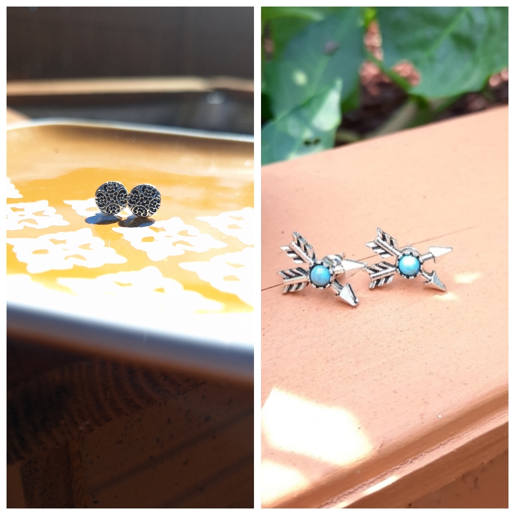 Turquoise Center Arrow & Round Simple Engraved Stud Earrings Bundle